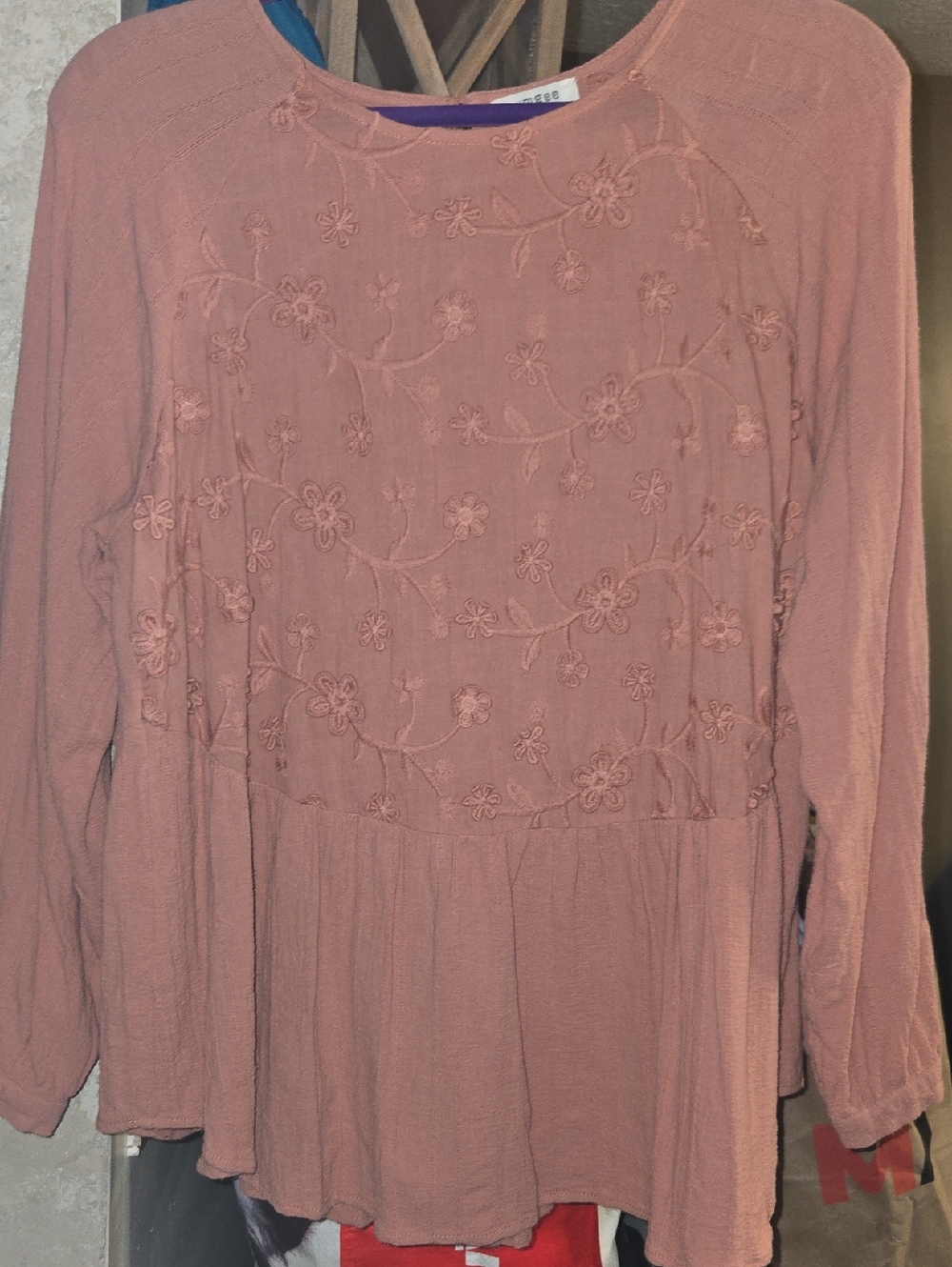 Umgee Long Sleeve Embroidered Peplum Top - Dusty Rose